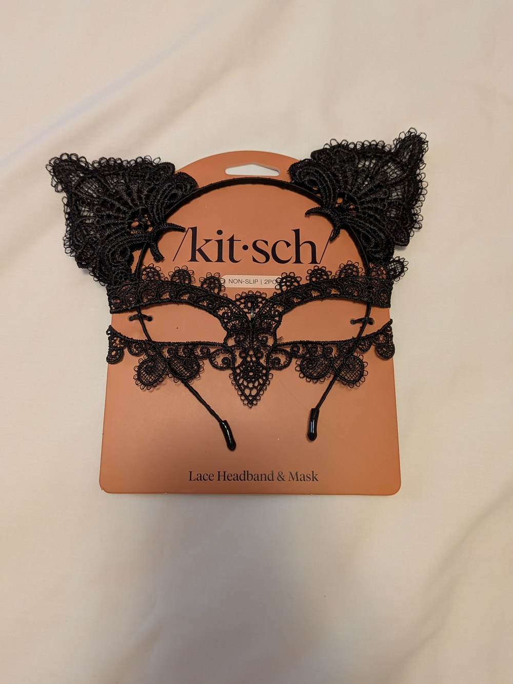 Kitsch Black Lace Cat Ear Headband with Matching Lace Mask Set